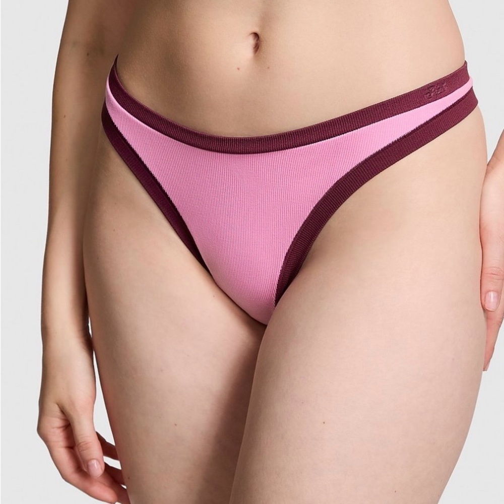 VS PINK Moonstone Pink w/ Wild Rose Seamless High-Leg Thong Panty